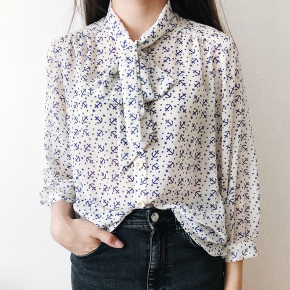 Anchor Nautical Print Tie Neck Button Up Blouse - Picture 1 of 3